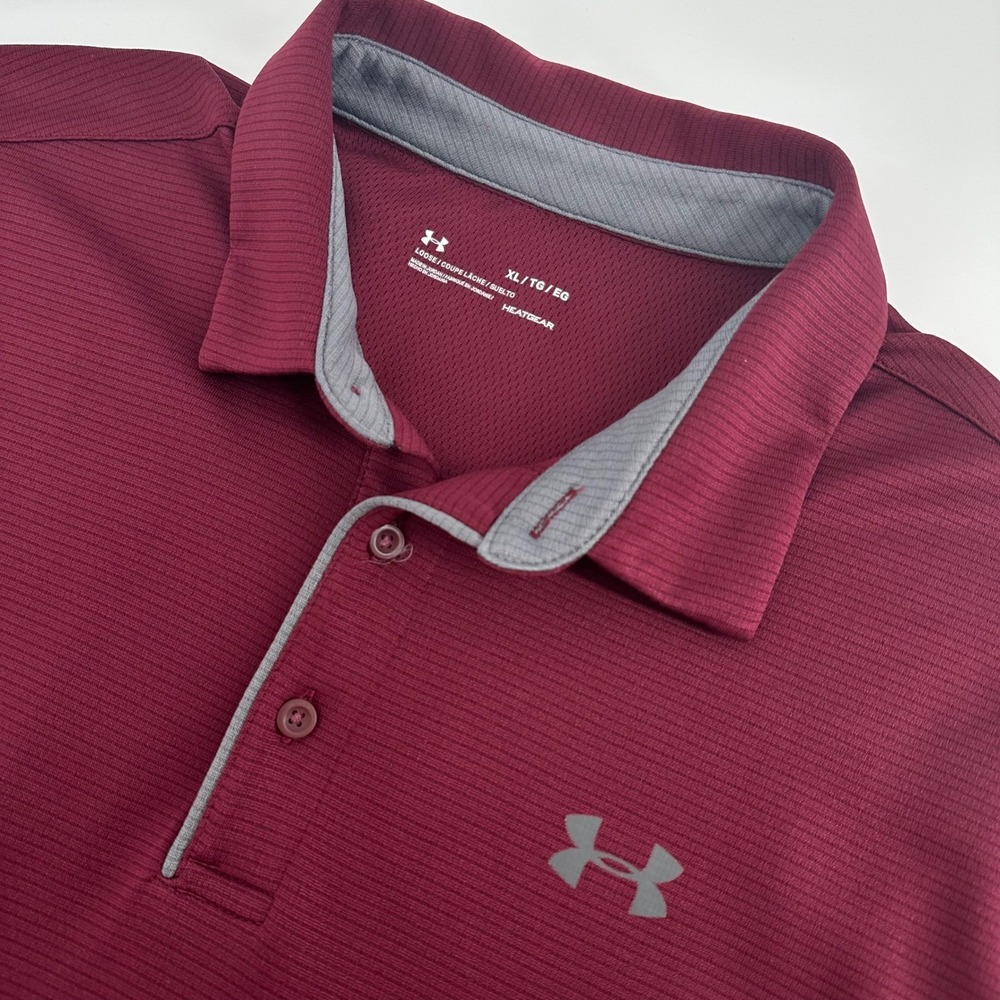 Under Armour Polo Shirt Men's XL Maroon HeatGear Loose Fit Microstripe